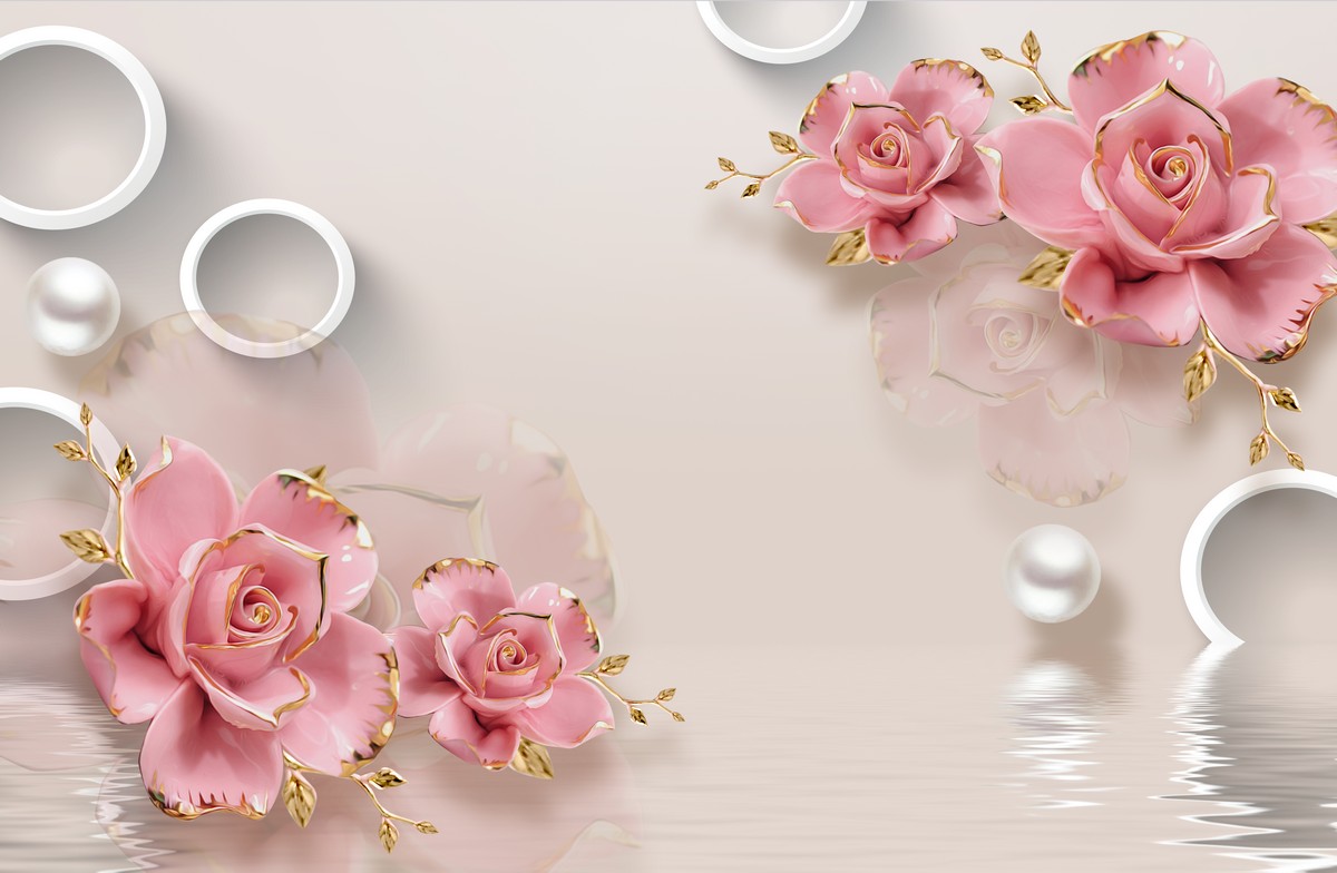 Фреска Розовые розы в золотом напылении